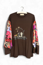 Brown Surreal Still Life Top with Floral Sleeves