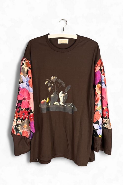 Brown Surreal Still Life Top with Floral Sleeves