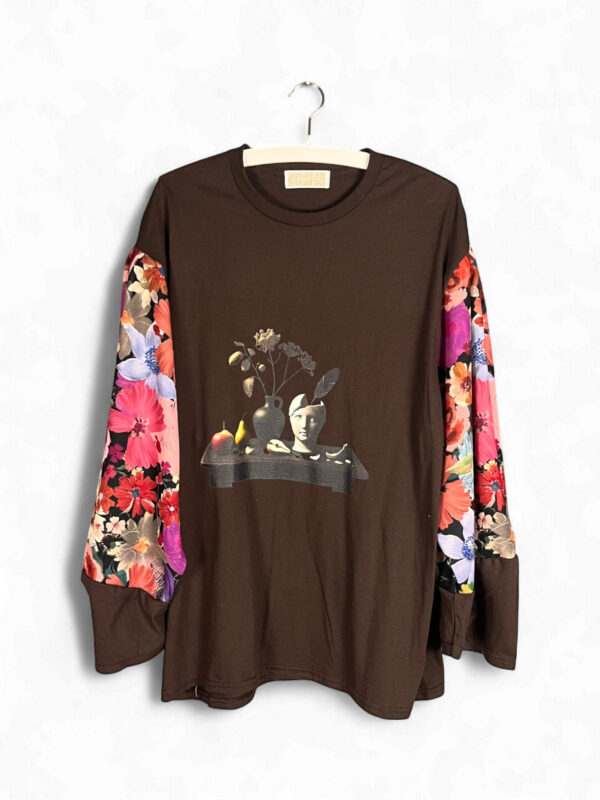 Brown Surreal Still Life Top with Floral Sleeves