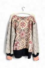 Panda Print Top with Knitted Sleeves in Beige and Black
