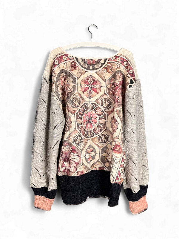 Panda Print Top with Knitted Sleeves in Beige and Black