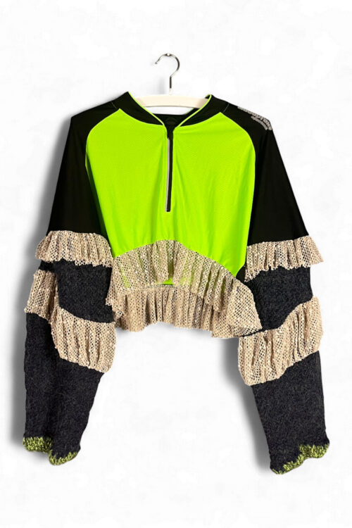 Neon Green and Black Sports Top with Mesh Ruffles