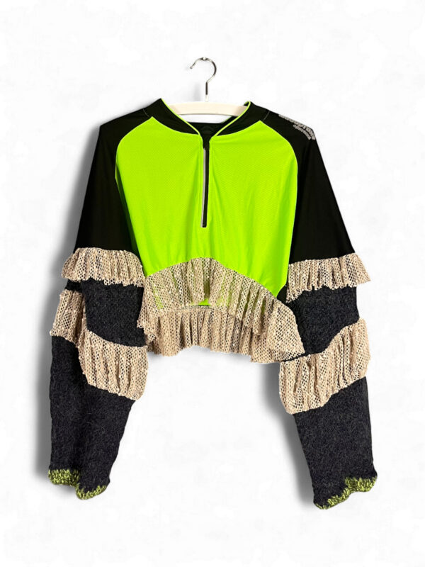Neon Green and Black Sports Top with Mesh Ruffles