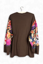 Brown Surreal Still Life Top with Floral Sleeves