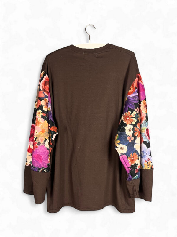 Brown Surreal Still Life Top with Floral Sleeves