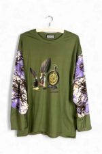 Olive Green Still Life Top with Floral Sleeves