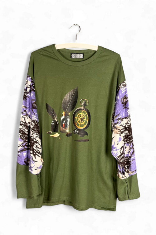 Olive Green Still Life Top with Floral Sleeves