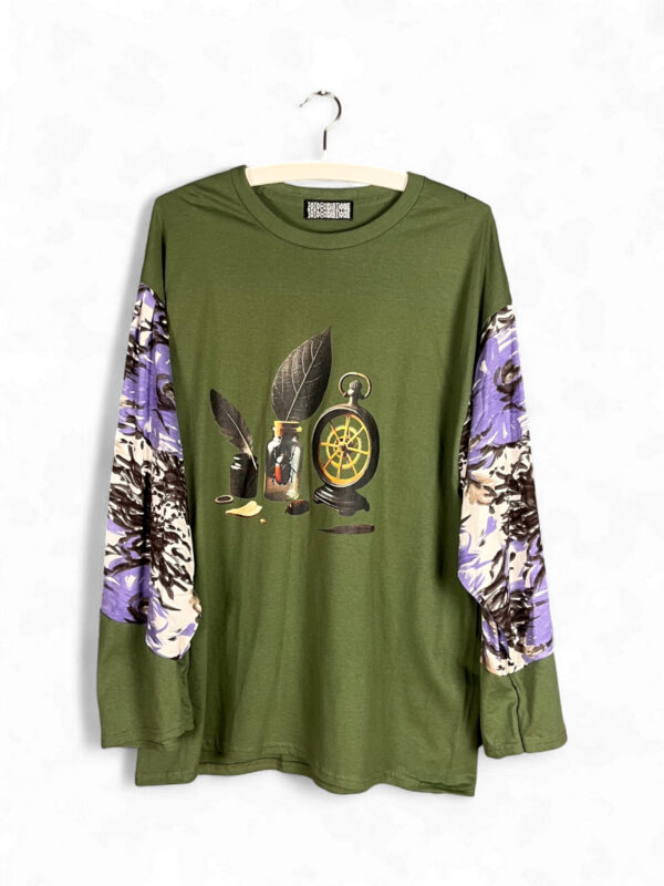 Olive Green Still Life Top with Floral Sleeves