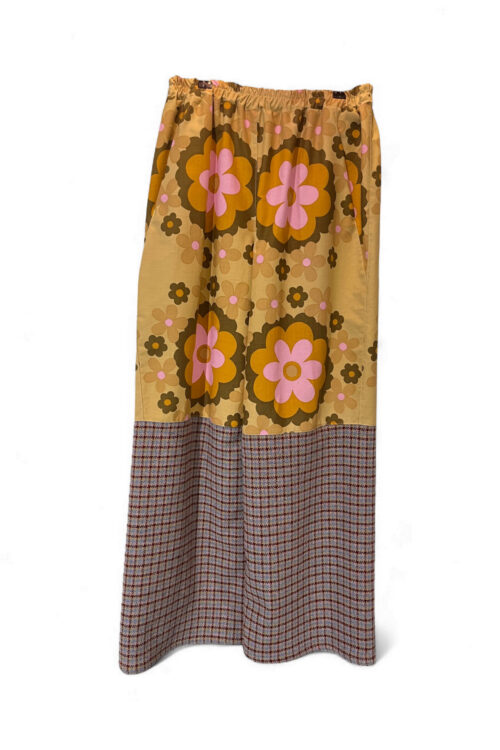 Retro Floral Pants with Checked Wool Panel