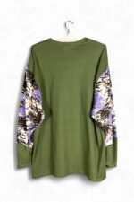Olive Green Still Life Top with Floral Sleeves