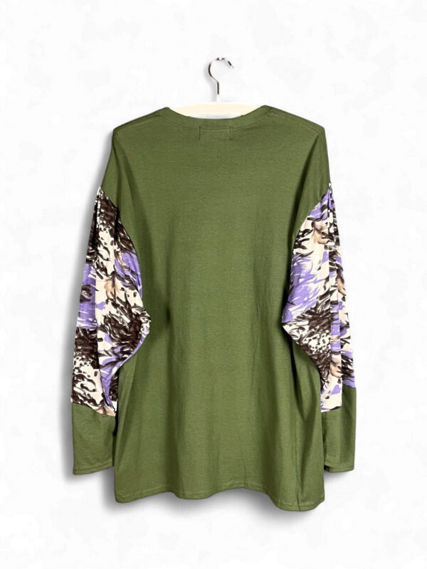 Olive Green Still Life Top with Floral Sleeves