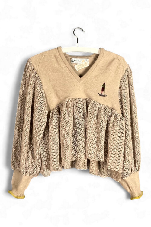 Beige Wool Top with Mesh Sleeves