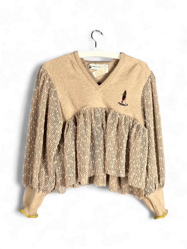 Beige Wool Top with Mesh Sleeves