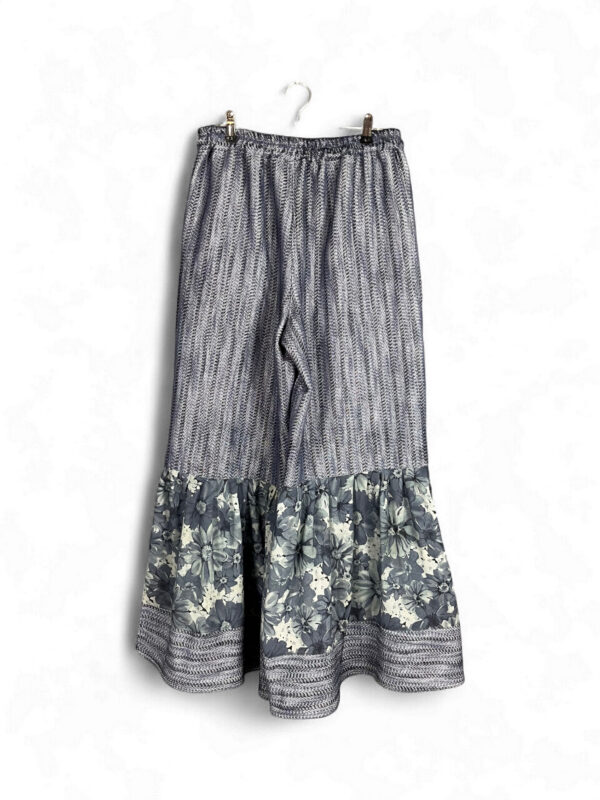 Grey Blue Wide Pants with Floral Ruffled Hem