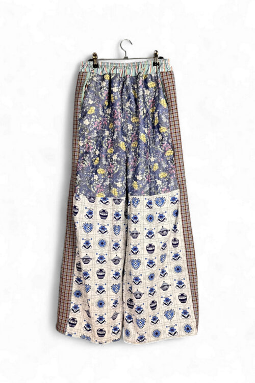Patchwork Pants with Blue and Yellow Floral and Ceramic Motifs