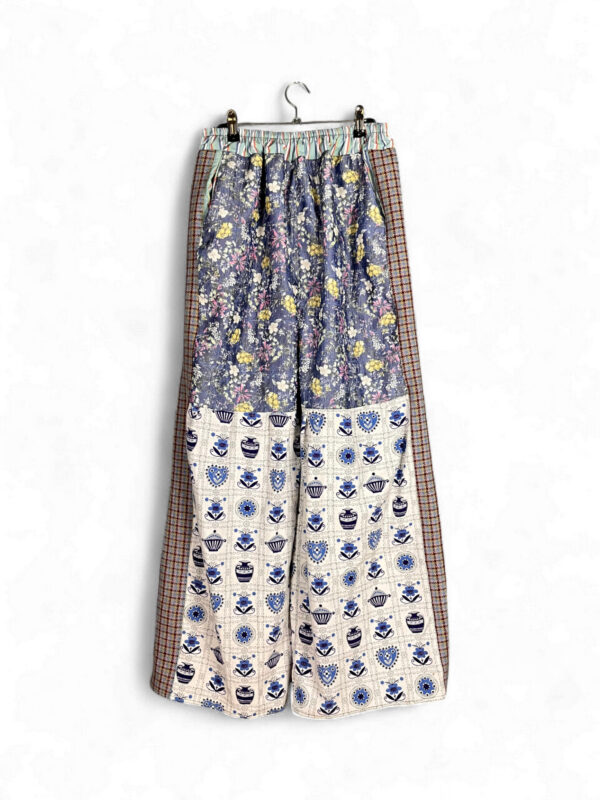 Patchwork Pants with Blue and Yellow Floral and Ceramic Motifs