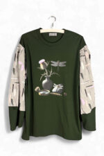 Dark Green Dragonfly Top with Printed Sleeves