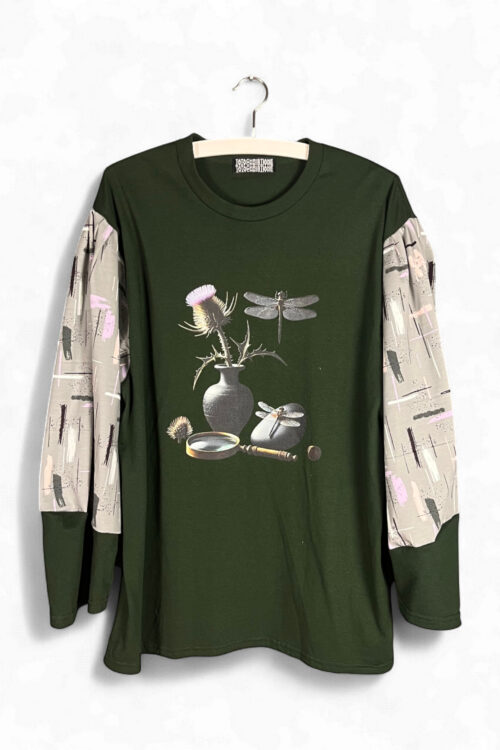 Dark Green Dragonfly Top with Printed Sleeves