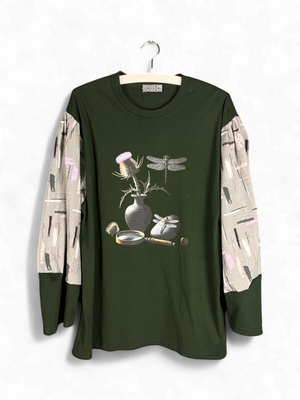 Dark Green Dragonfly Top with Printed Sleeves