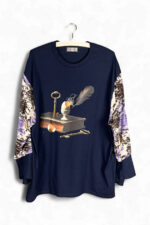 Dark Blue Key and Feather Top with Floral Sleeves