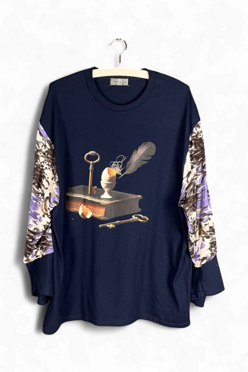 Dark Blue Key and Feather Top with Floral Sleeves