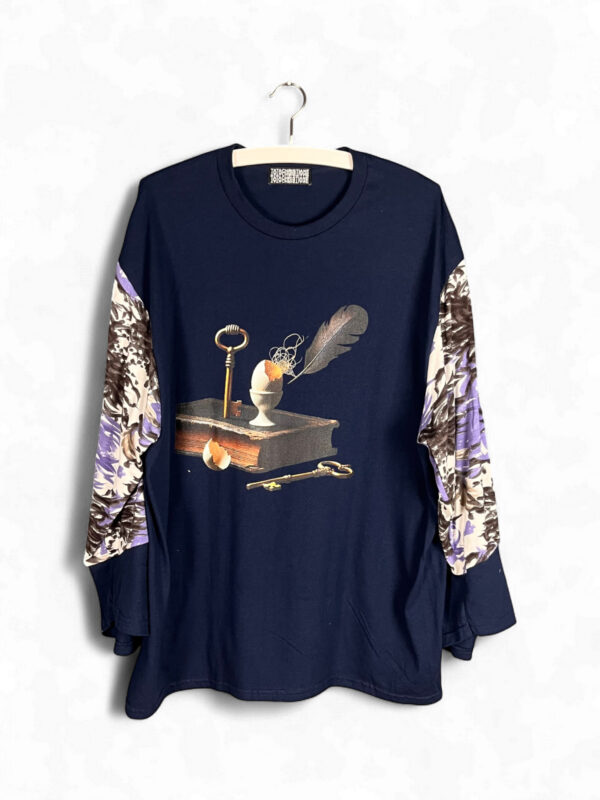 Dark Blue Key and Feather Top with Floral Sleeves