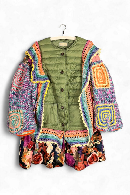 Duvet and Crochet Jacket in Almond Green and Rainbow