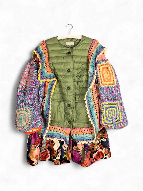 Duvet and Crochet Jacket in Almond Green and Rainbow