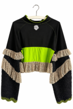 Neon Green and Black Sports Top with Mesh Ruffles