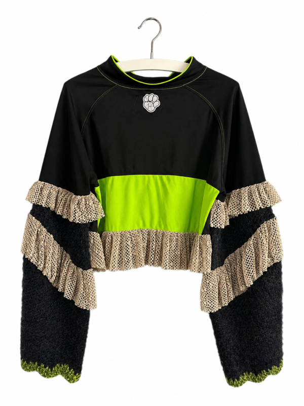 Neon Green and Black Sports Top with Mesh Ruffles