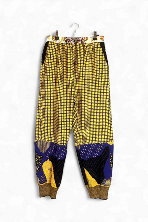Yellow and Blue Patterned Knit Pants with Floral Waistband
