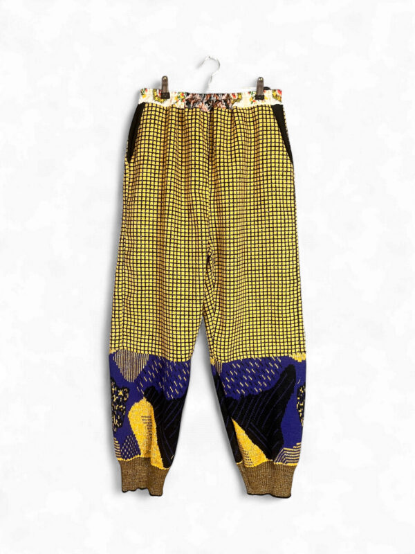 Yellow and Blue Patterned Knit Pants with Floral Waistband