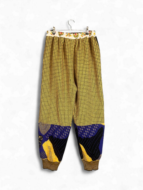 Yellow and Blue Patterned Knit Pants with Floral Waistband