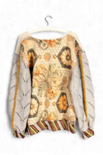 Cat Print Top with Knitted Sleeves in Beige and Yellow