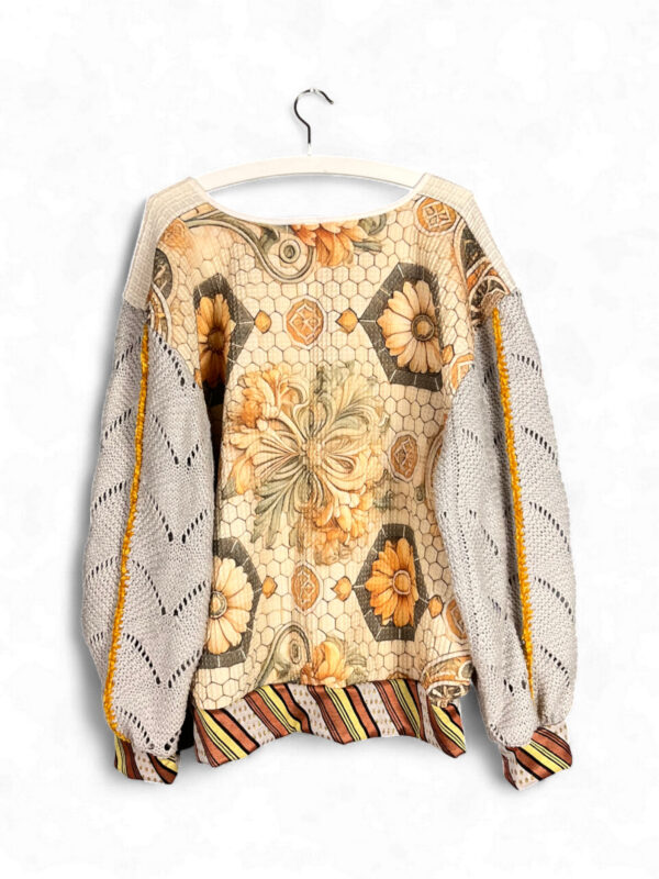 Cat Print Top with Knitted Sleeves in Beige and Yellow