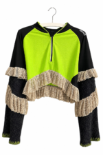 Neon Green and Black Sports Top with Mesh Ruffles