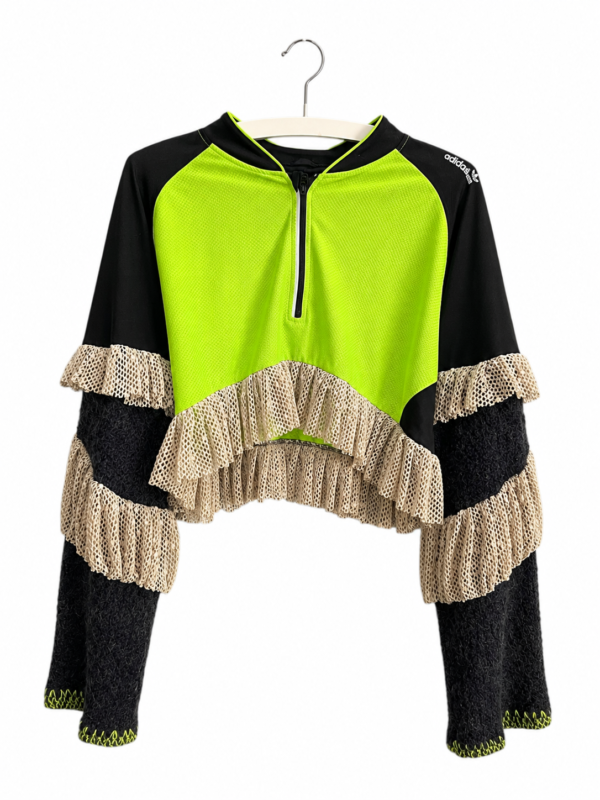 Neon Green and Black Sports Top with Mesh Ruffles