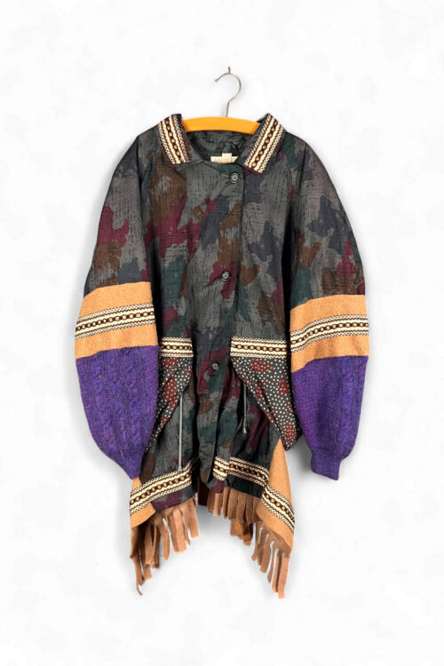 Upcycled Jacket in Camouflage Print with Purple and Fringe Upcycled Jacket in Camouflage Print with Purple and Fringe
