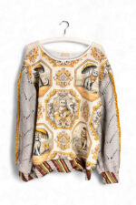 Cat Print Top with Knitted Sleeves in Beige and Yellow
