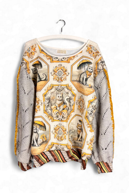Cat Print Top with Knitted Sleeves in Beige and Yellow