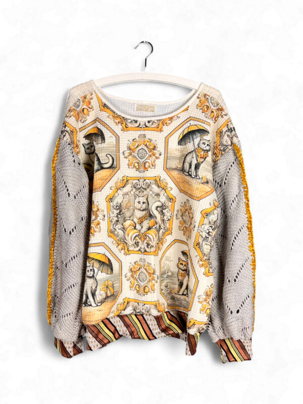 Cat Print Top with Knitted Sleeves in Beige and Yellow
