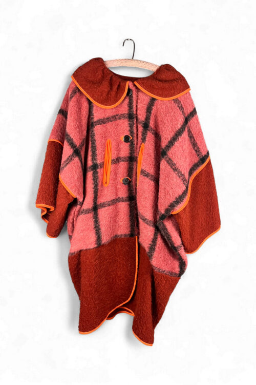 Upcycled Wool Cape Coat in Red and Pink Plaid Upcycled Wool Cape Coat in Red and Pink Plaid