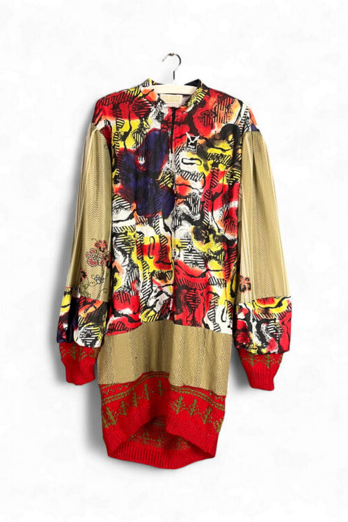 Printed Knit Dress in Red and Beige