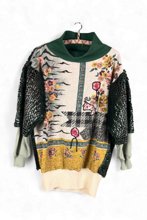 Upcycled Floral Sweatshirt with Dark Green Fantasy Fur Back Upcycled Floral Sweatshirt with Dark Green Fantasy Fur Back