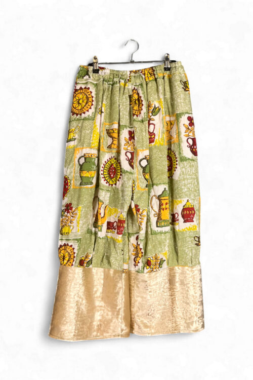 Green Vintage Print Pants with Satin Hem