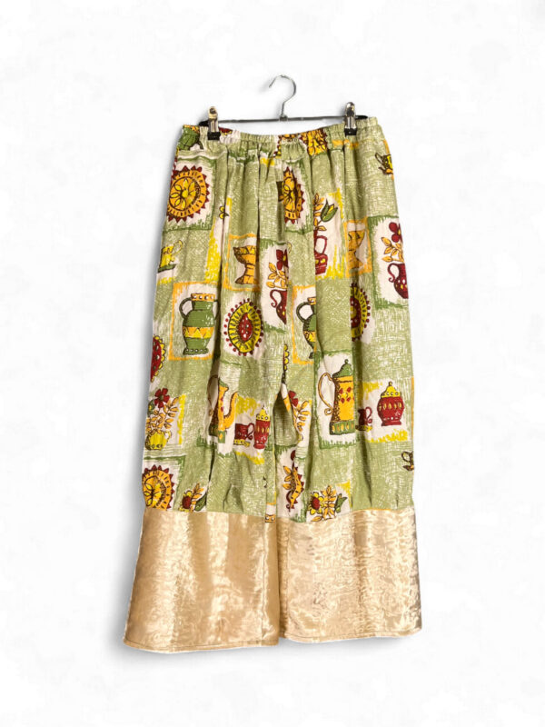 Green Vintage Print Pants with Satin Hem