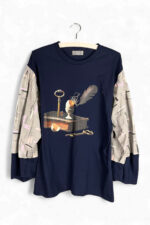 Navy Key and Feather Top with Printed Sleeves