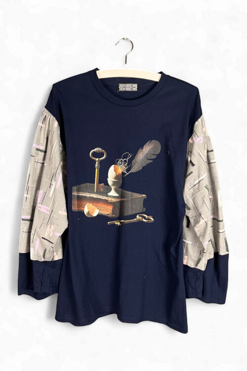 Navy Key and Feather Top with Printed Sleeves