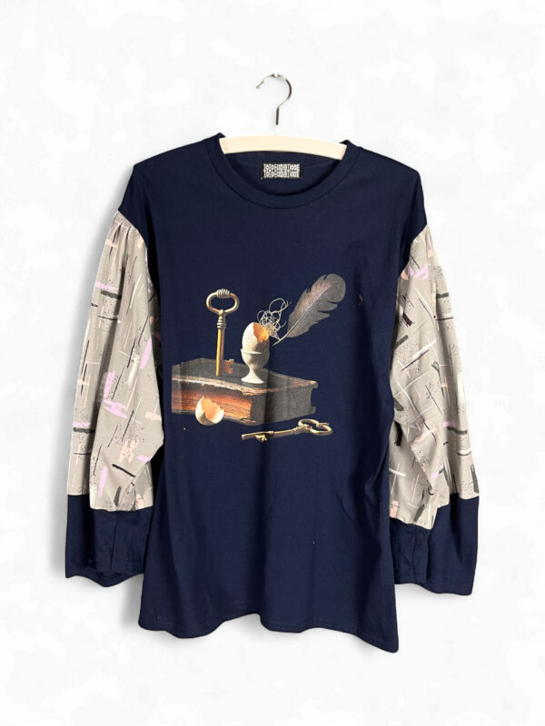 Navy Key and Feather Top with Printed Sleeves
