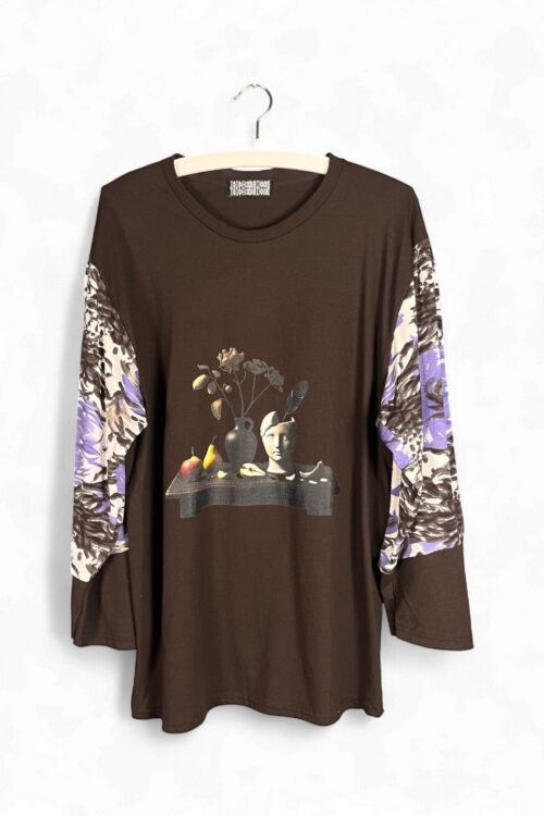 Still Life Print Long Sleeve Top in Brown and Violet Still Life Print Long Sleeve Top in Brown and Violet